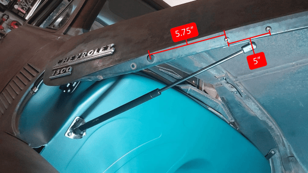installed hood strut kit for 47-54 advance design chevy measurements